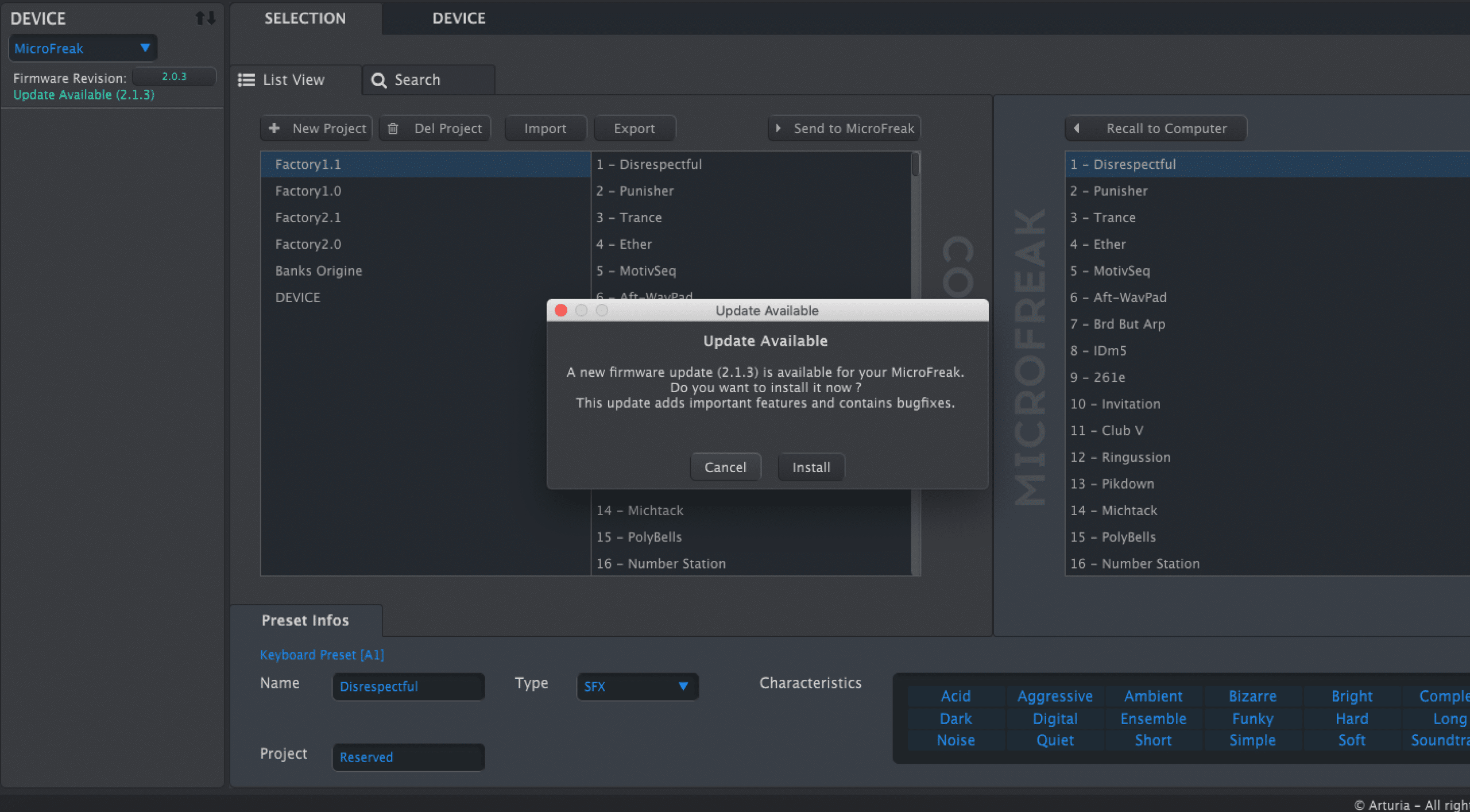 Utilitaire Midi Control Center pour la mise &agrave; jour de votre Microfreak d'Arturia